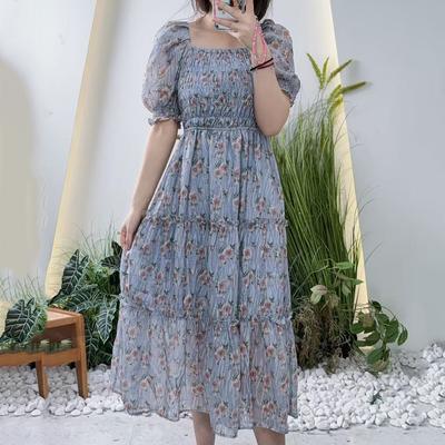 Lagogo French Retro Temperament Square Collar Floral Long High Waisted Summer Dress