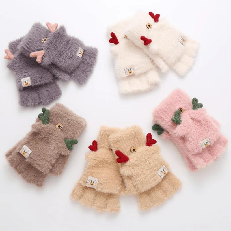 Winter Women Cute Antler Plush Motorcycle Gloves Warm Winterproof Half-finger Flip Gloves Christmas Deer Fashion Female Mittens