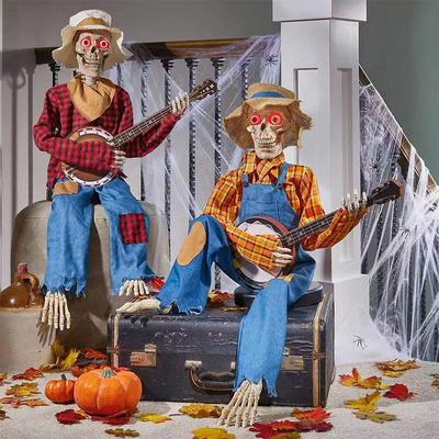 40CM Funny Animated Dueling Banjo Skeletons with Red LED Eyes Halloween Fiddler Skeleton Ornaments Guitar Skull Decorative Ornaments