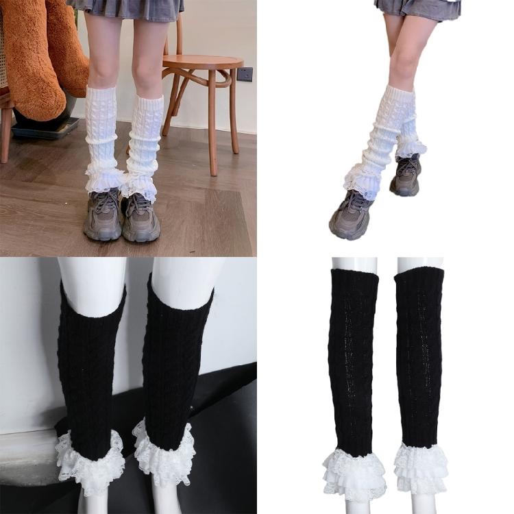 Japanese Women Cable Knitted Leg Warmer Cute Bow Tiered Ruffled Lace Calf Socks