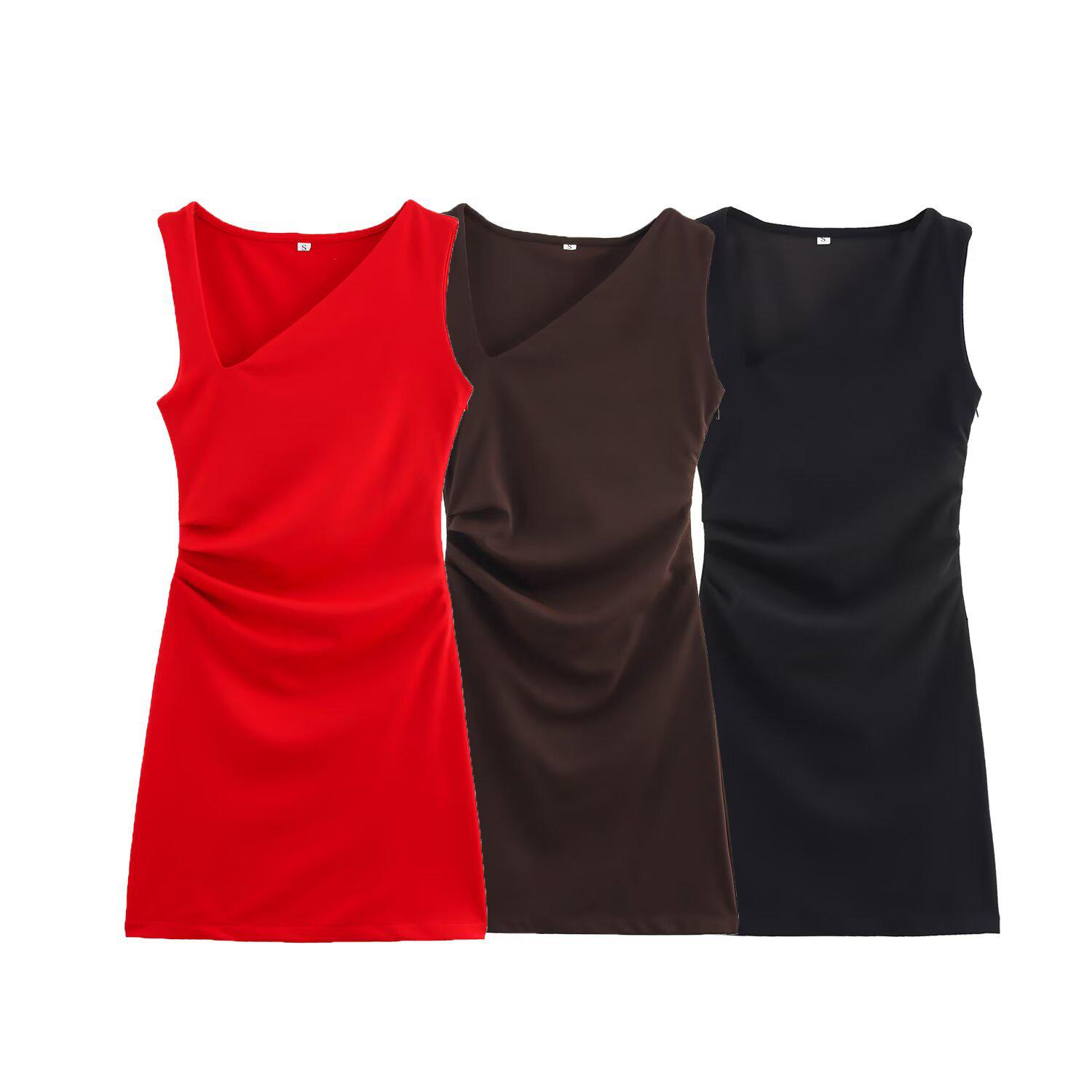 

2025 Spring/Summer Women s Slim Pleated Dress with Oblique Collar L темно-коричневого