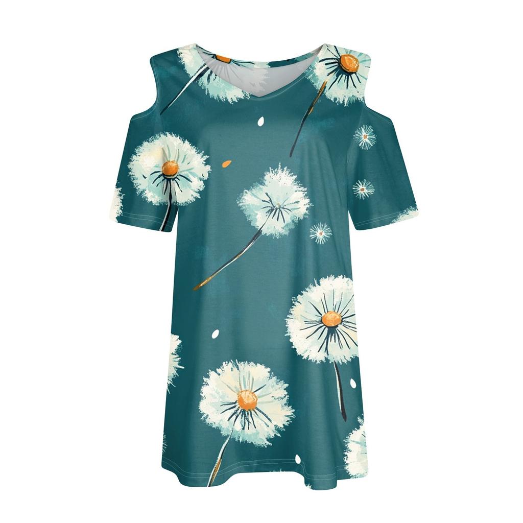 Women's Summer Fashion Casual Floral Print Off-the-shoulder V-neck Short-sleeved T-shirt Top
