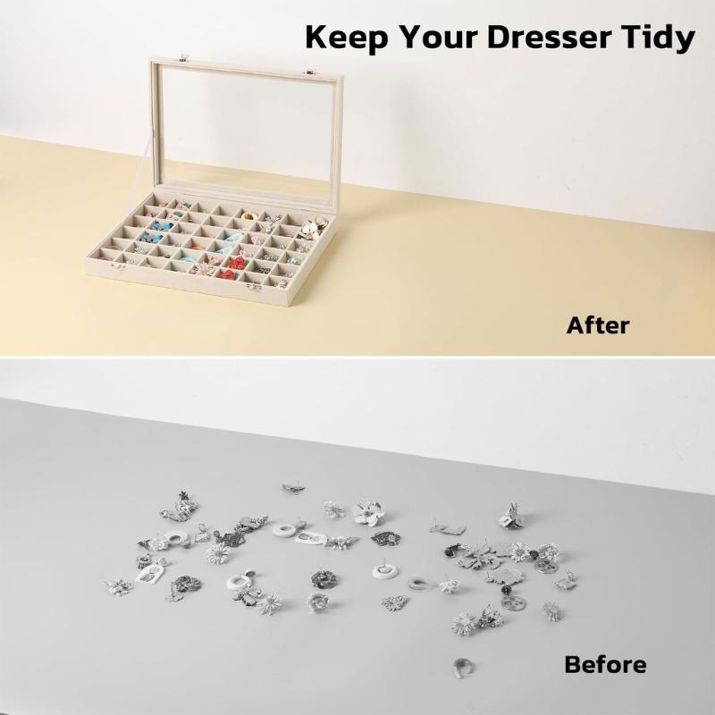 Soft-Lined Jewelry Storage Tray with 48 Sections, Adjustable Dividers, and Clear Cover for Dresser or Drawer Storage