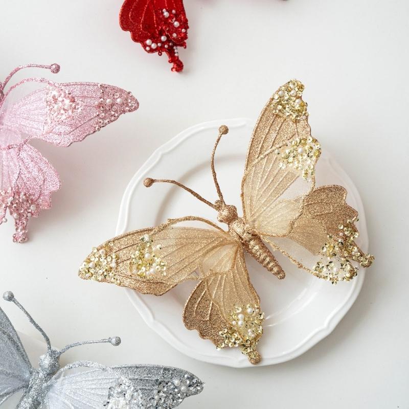 Glittering Butterfly Christmas Decoration Shatter Resistant Plastic Mesh Hanging Ornament For Mantel Window Display
