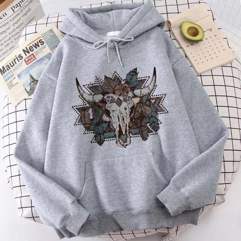 Women's Fall Winter Trendy Hoodies Clothes 90s Y2k Graphic Hooded Gothic Vintage Bull Skull Printed Sweatshirts Pullovers Female