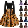 Women's Vintage Square Neck Long Sleeve Halloween Print Party Dress for Evening Occasions