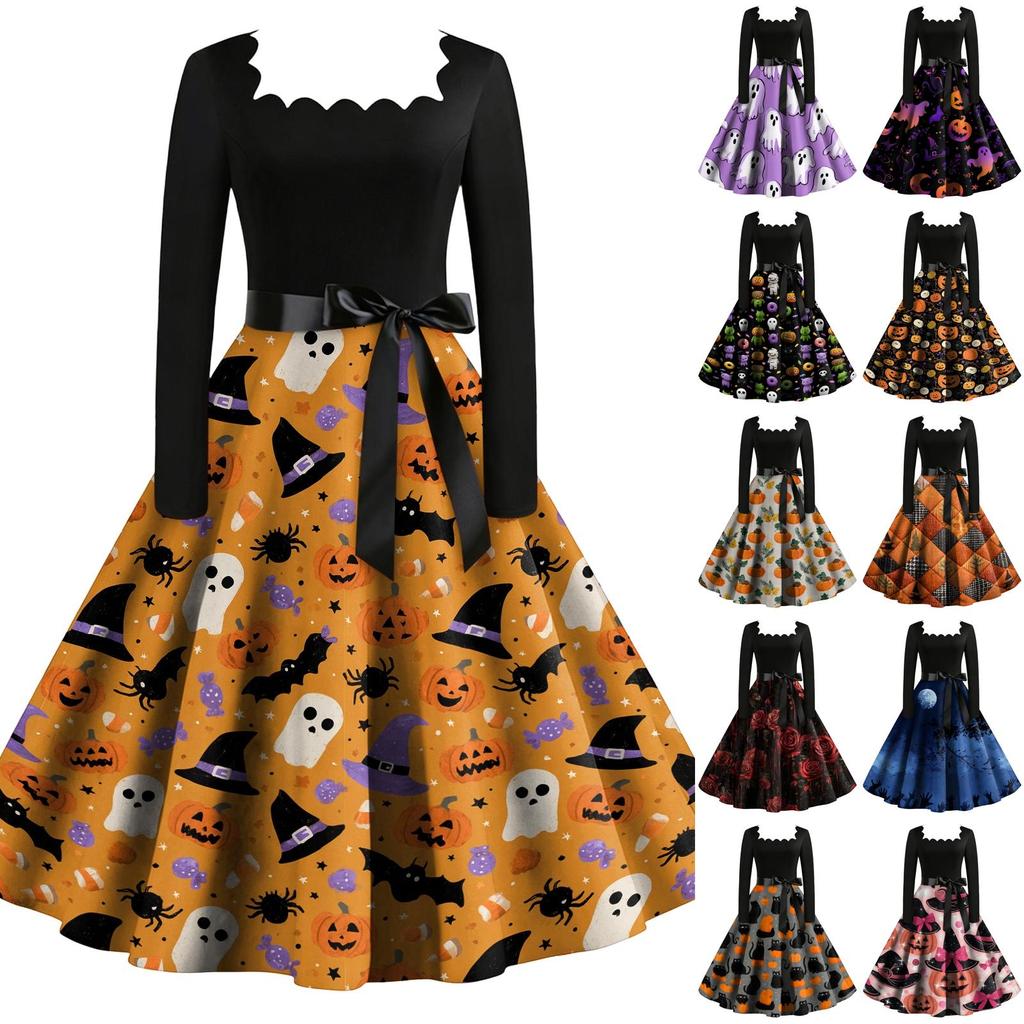 Women Vintage Long Sleeve Square Neck Halloween Print Party Dress Retro Style Full Skirt with Waist Tie Belt