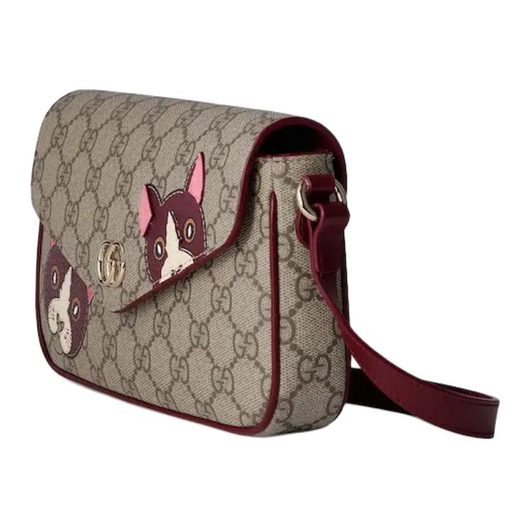 Gucci Double G Logo Cat Detail Coated Fabric Mini Shoulder Bag Women shoulder bag Deep-Red Brown 818764-FAEEP-8574