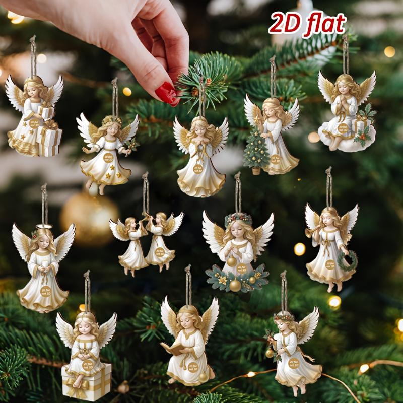 12Pcs Christmas Ornaments Vintage Wooden White Angel Pendant Merry Christmas New Year Pendant Gift Xmas Tree Decor Supplies