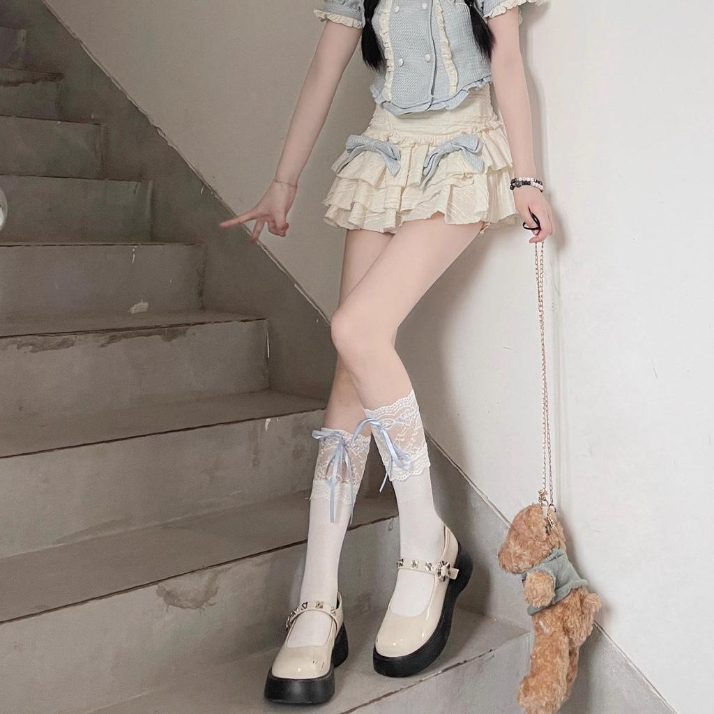 Różowa Seria Kokarda Wstążka Podkolanówki | Koronkowe Falbanki Wiązane Podkolanówki - Japońskie Podkolanówki do Połowy Łydki