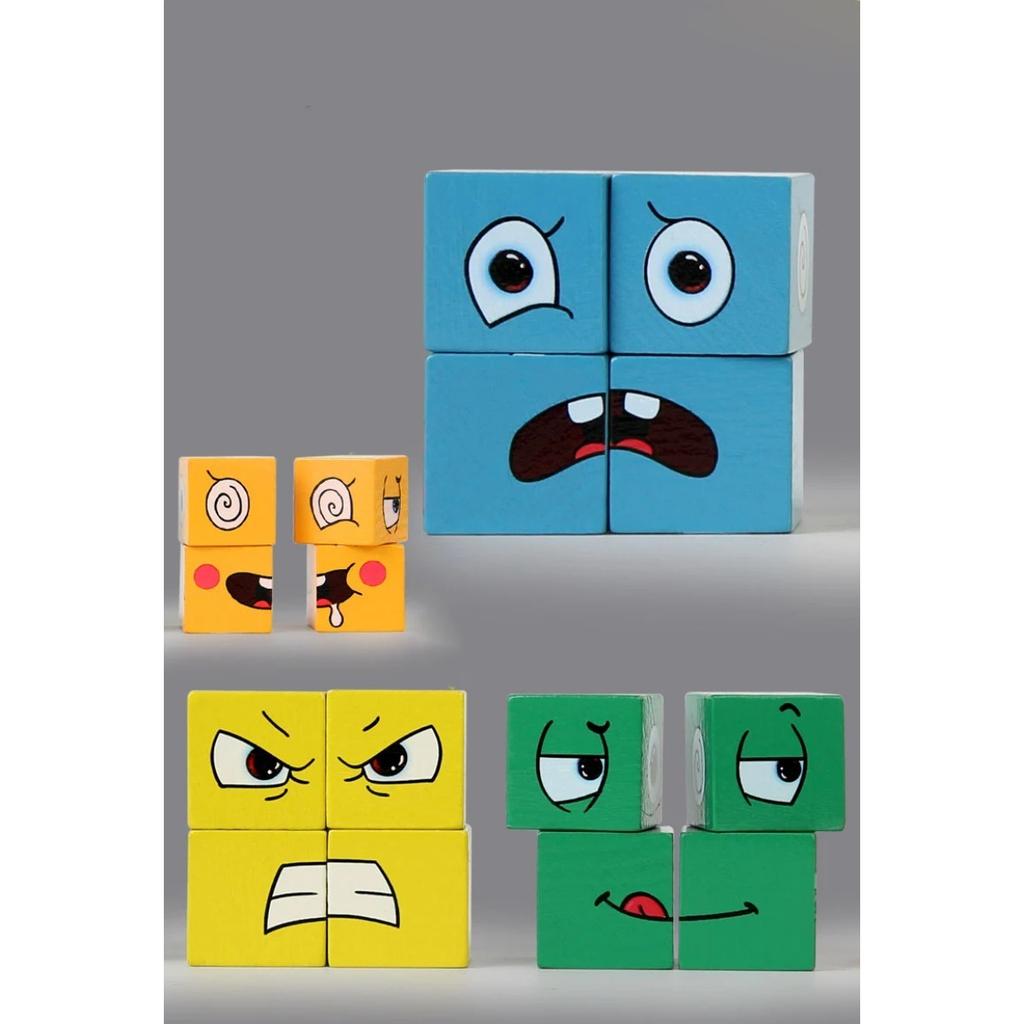 Face Changing Cube Board Card Game Building Blocks Cartoon Wooden Puzzle Montessori Anxiety Stress Relief Toys for Children Kids