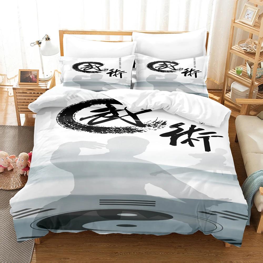Chinese Kungfu Duvet Cover Black Cartoon Martial Artist Silhouette for Adult Teens Boys China Cultural Theme Bedroom Decoration