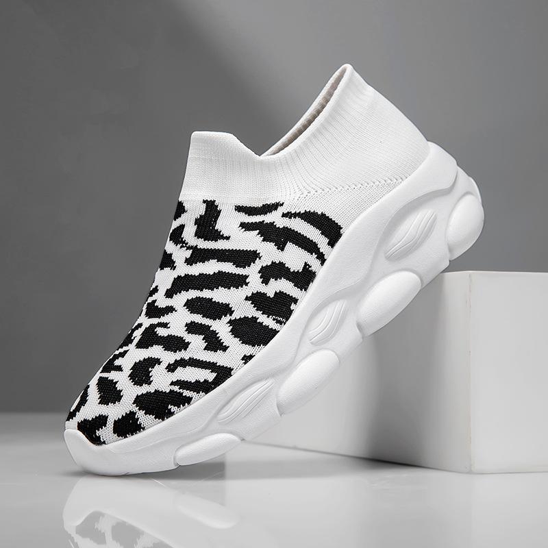Spring New Large Size Women's Leopard Print Fly-woven Casual Sports Shoes Running Fashion Wide-headed Socks Shoes