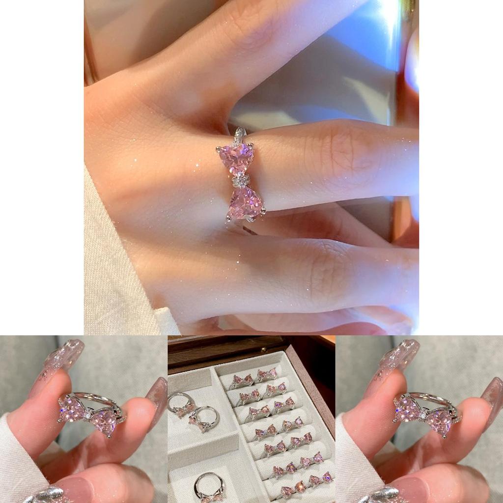 Chic Pink Geometric Diamond Butterfly Bow Ring For Women Trendy Adjustable Band Copper