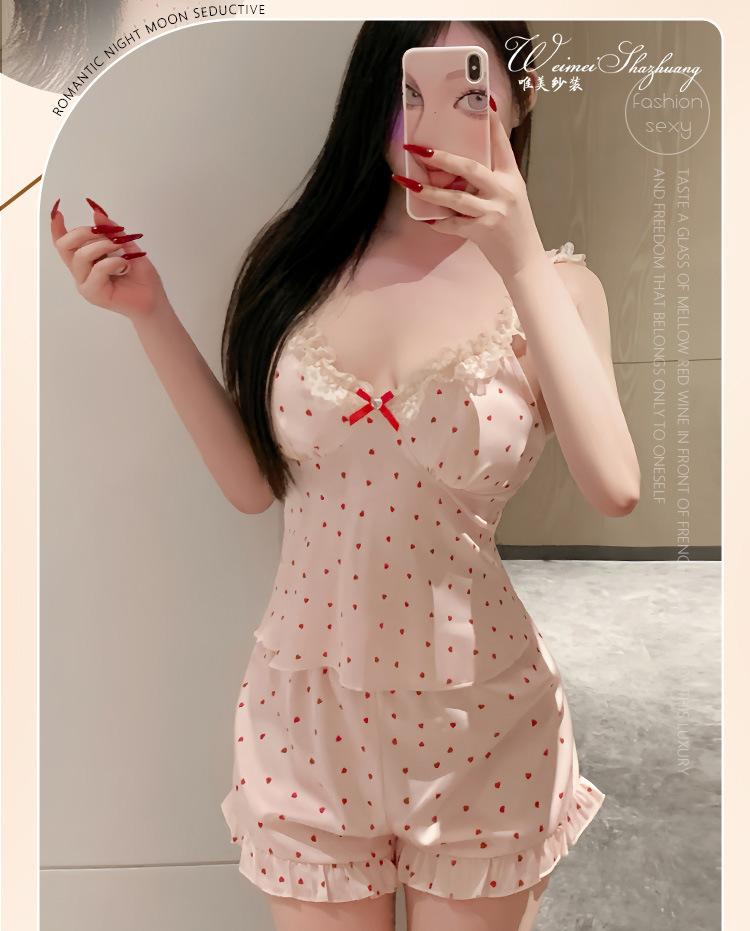Beautiful Yarn New Loungewear with Chest Pads Cute Pure Desire Little Love Printed Pajamas Set Ice Silk Pajamas Women
