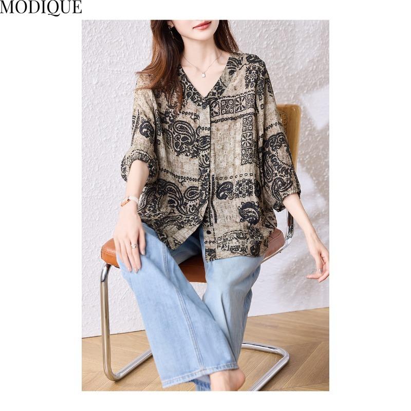 MODIQUE Spring Summer Plus Size New Women Loose Vintage Print Blouse Shirts Female Casual Folk Oversize Short Sleeve V-Neck Top