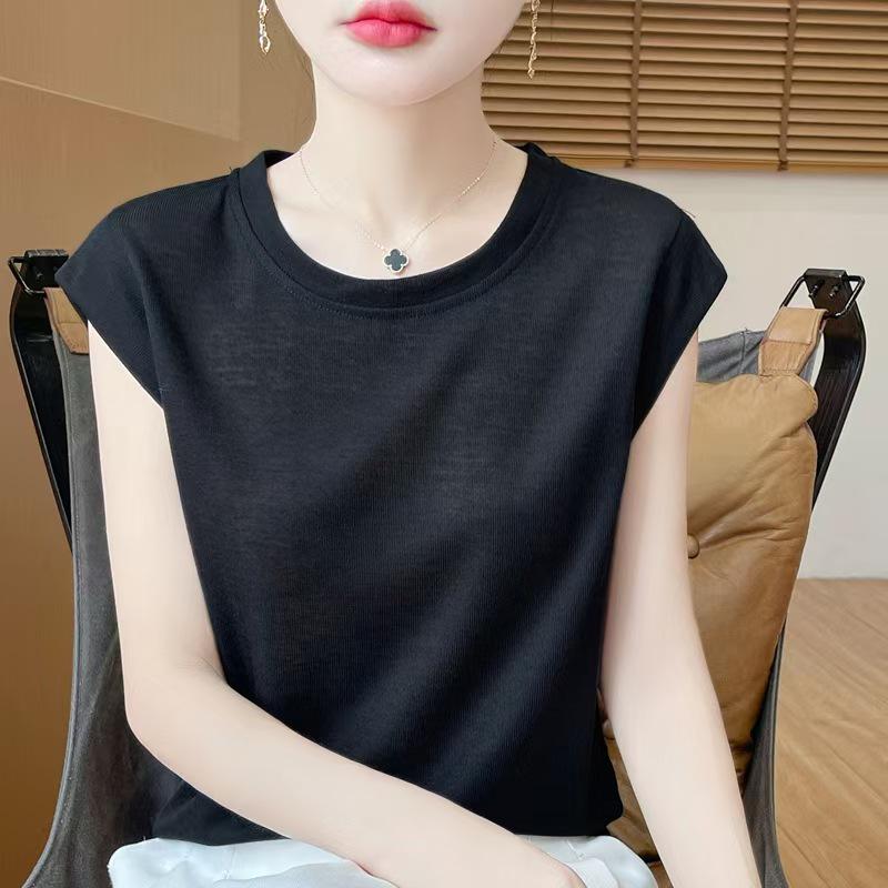 2026 Spring Women's Puff Sleeve Knit T-Shirt - Solid Color, Round Neck