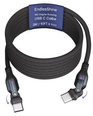 ENDLESSHINE USB C na C PD 240W USB 480MBPS Datový přenosový kabel pro otočný nabíjecí kabel telefonu, (10 stop/Balení) Zařízení 2.0 a Type-C, 180° (Černá)