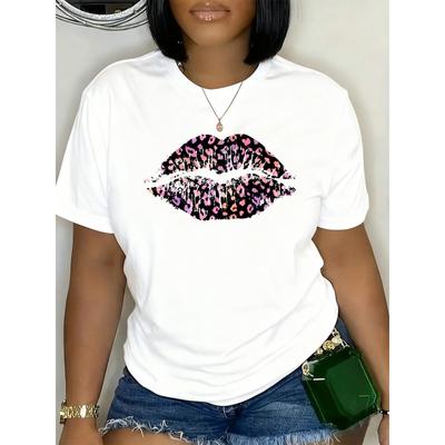 T-shirt Graphique Lèvres Léopard Taille Européenne pour Femme Blanc Édition Limitée 2026 Coupe Régulière, Tenue Décontractée pour Toutes les Saisons, pour Cadeaux Tenue Décontractée