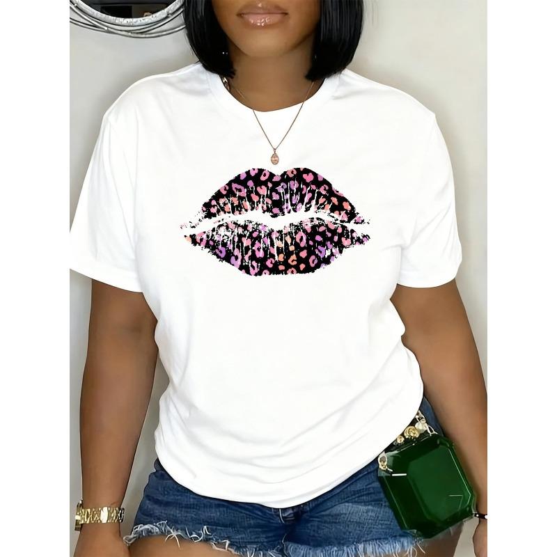 

European Size Leopard Lips Graphic Tee Women s T Shirts White Limited Edition 2026 Regular Fit, Casual Wear for All Seasons, for Gifts Casual Attire 4XL білий