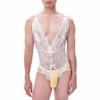Erotic Men Bodysuit One Pieces Thongs Sexy Leotard Lace Crossdress Sissy Transparent Open Crotch Penis Pouch Lingerie Underwear