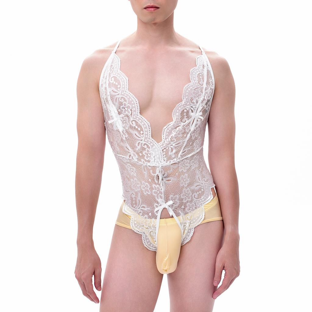 Erotic Men Bodysuit One Pieces Thongs Sexy Leotard Lace Crossdress Sissy Transparent Open Crotch Penis Pouch Lingerie Underwear