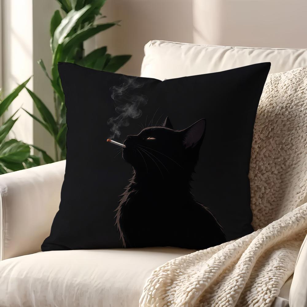 A Vintage Black Cat Smoking Cushion Cover For Pillow Printing Sofa Decoration Home Car Room Coffee Shop Office Nordic Simplicity