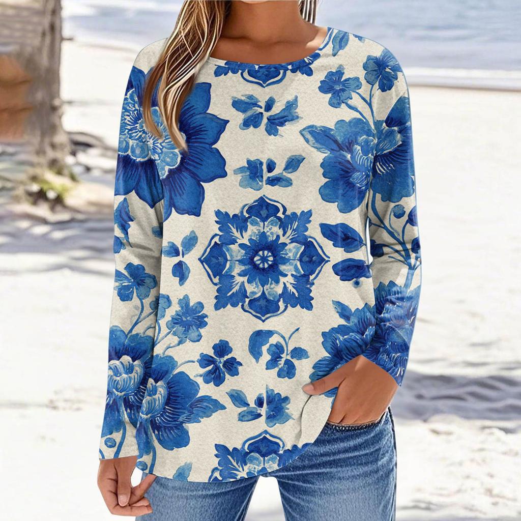 Women's Fashionable Casual Printed Long Sleeved Round Neck Top Round Neck Top Top