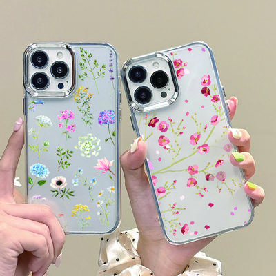 Pentru iPhone 16 Pro Max 15 Pro 14 Plus 13 12 Pro Max 11 Cadru cu lentile placat Rezistent la șocuri Cu model de flori transparent Husă moale din TPU