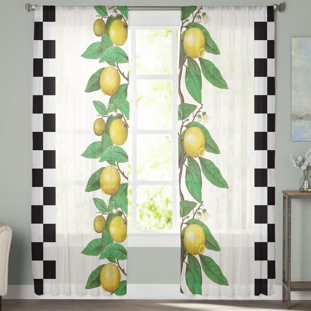 Lemon Fruit Retro Plaid Sheer Curtains Window Tulle Curtains For Living Room Bedroom For Kitchen Veiling Curtains Decoration