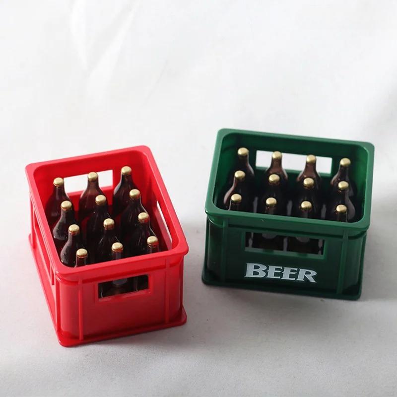 Mini Dollhouse Beer Resin Frame Storage Basket With 12 Bottles Simulation Drink Beer Model DIY Doll Accessories Small Ornament