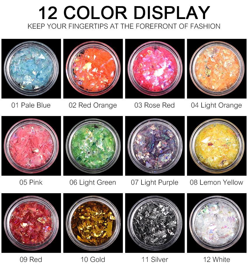 KADS 1box Laser Nail Art Foil Paper Glitter 12 Colors Aluminum Paper Nail Flakes Sequin Irregular Nail Art Decoration