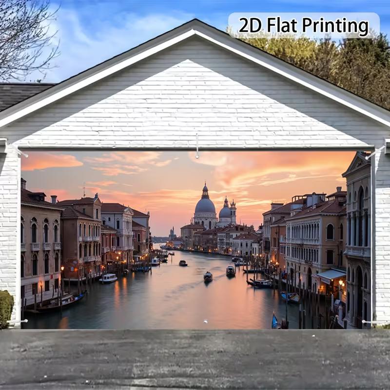 

2D Venice Grand Canal & Basilica Garage Door Cover, 2D Flat Printing Venice Sunset Scenery Backdrop 47.2x31.5inch/120*80cm