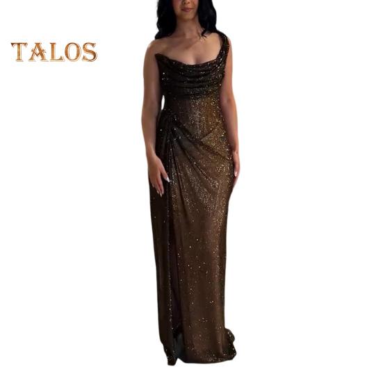 

Женское платье с разрезом на одно плечо, узкое вечернее платье с пайетками, плиссированное выпускное платье макси с открытой спиной, без рукавов, без воротника, бальное платье M