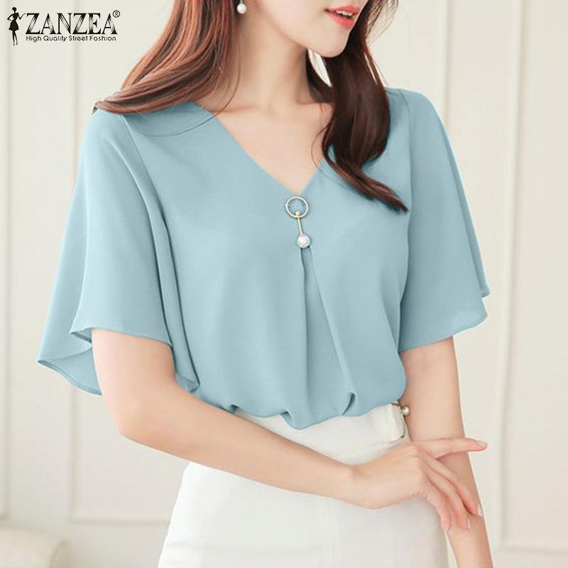 ZANZEA Blusa Casual de Verano para Mujer con Cuello en V y Manga Corta