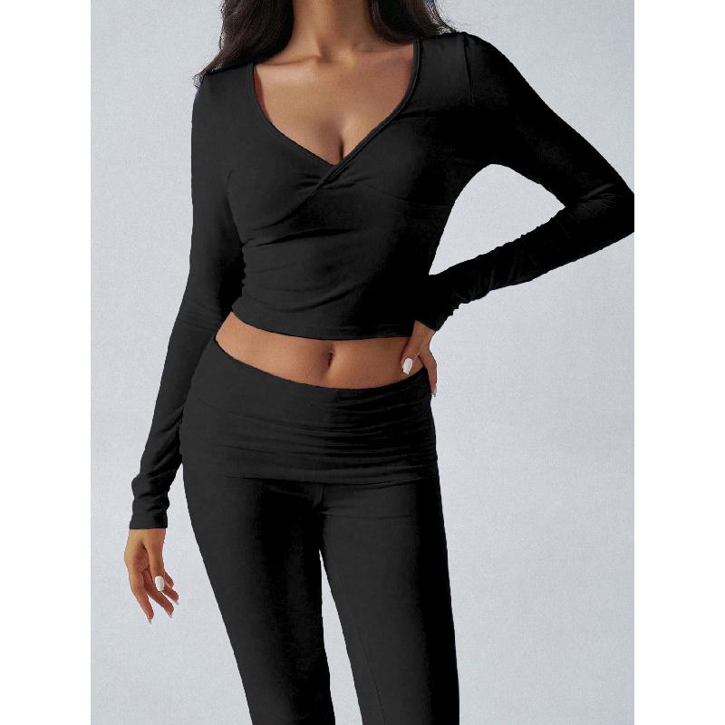 2026 New Sports-Style V-Neck T-Shirt and Yoga Pants Two-Piece Set Casual Women's Clothing