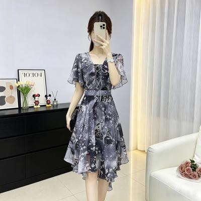 Printed V-neck Chiffon Dress, Strap Waist Irregular Skirt, Daily Commuting Temperament Medium and Long Skirt Children