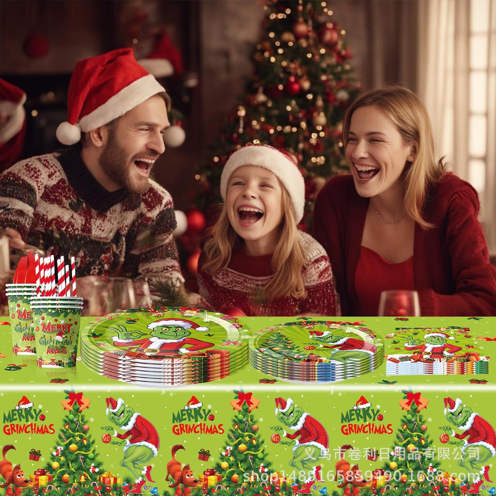 Christmas Grinch Party Decorative Tableware Flag Tablecloth Set Supplies Arrangement Paper Plate Tableware Disposable