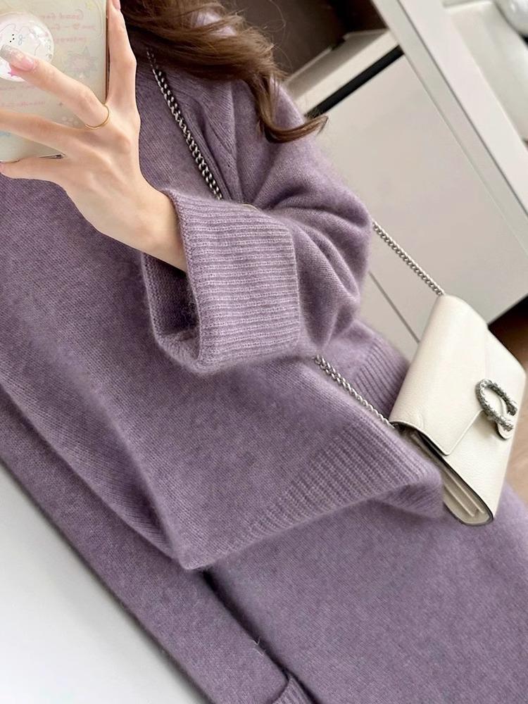 Elegant Purple Knit French Dress: 100% Pure Wool Two-Piece Set (Sweater & Skirt)