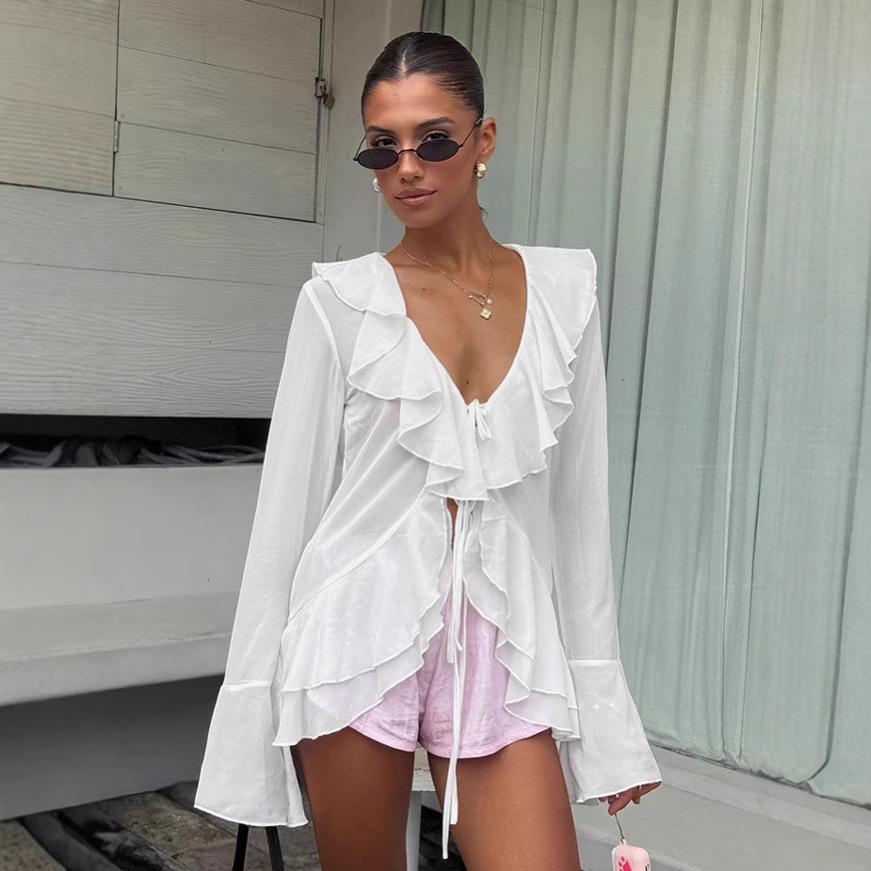 1116 Autumn French Commuter Ruffle Chiffon Shirt Femininity Fashion V-neck Lace-up Long-sleeved Top Women's Clothing