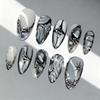 Three-dimensional Epoxy Almond Wearing Nail Dark Grey Embossed Metal Star Handmade Point Diamond Nail Art