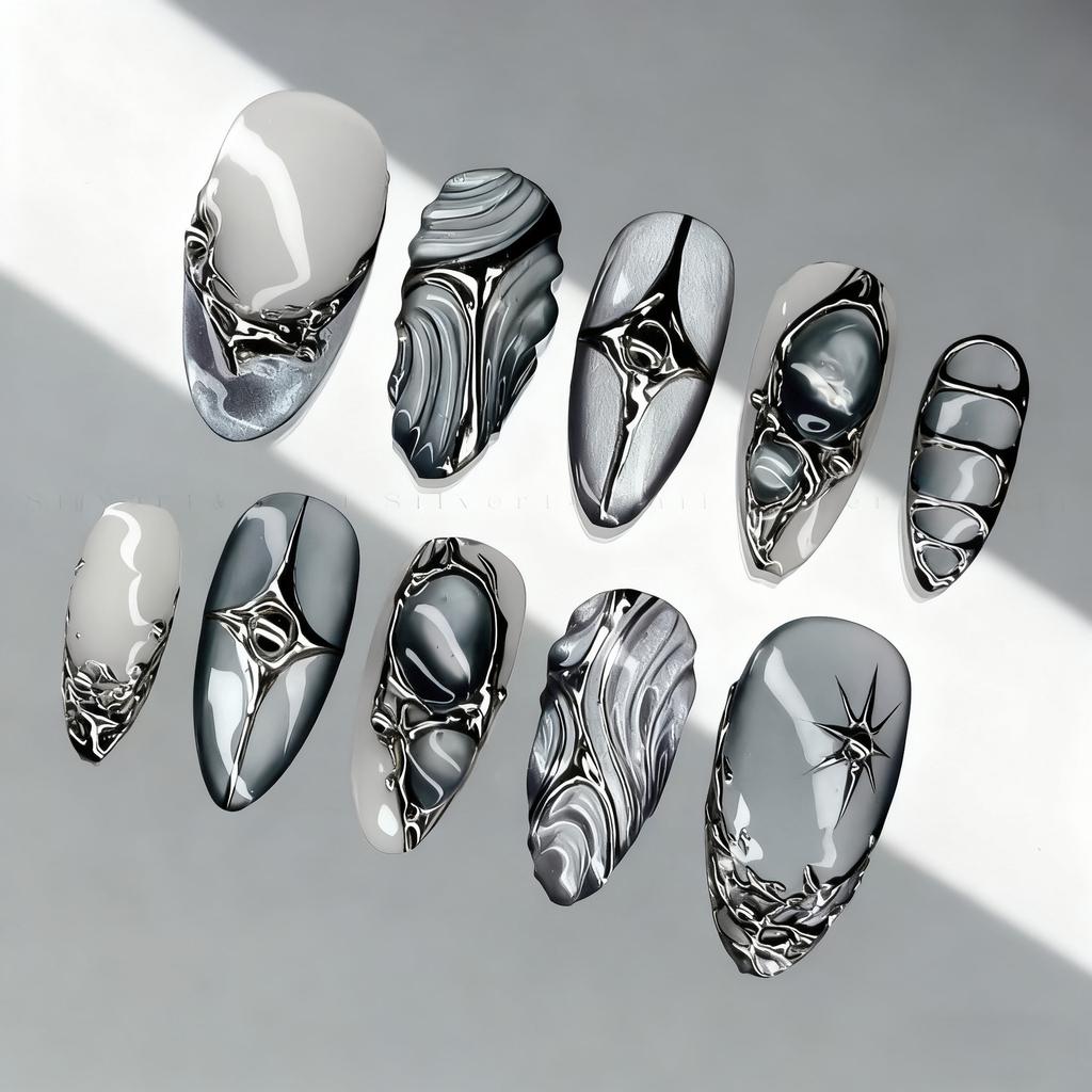 Three-dimensional Epoxy Almond Wearing Nail Dark Grey Embossed Metal Star Handmade Point Diamond Nail Art