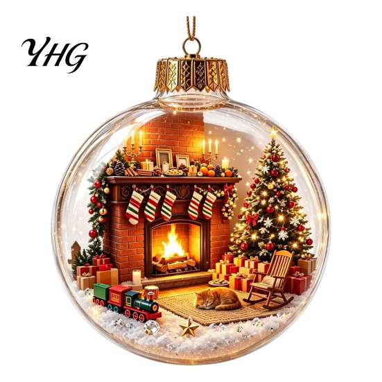 Xmas Fireplace Hanging Ornaments Glowing Christmas Story Ornament, Light-Up 3D Ball with Warm LED, Mini Garden Holiday Scene Clear Decoration