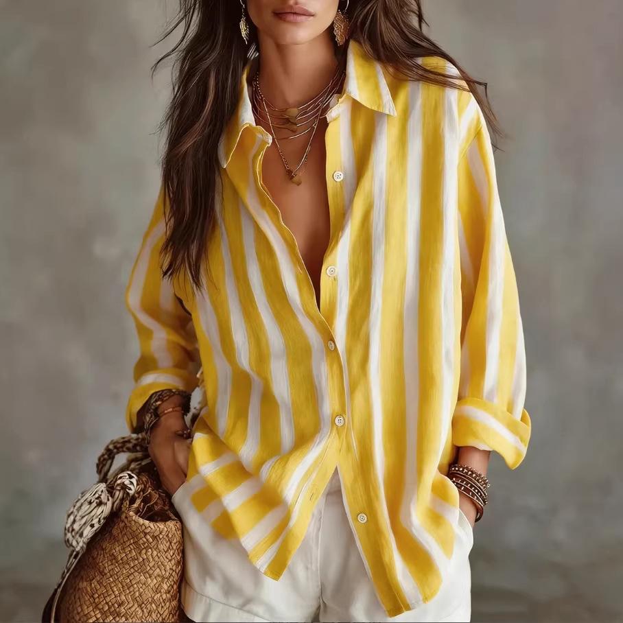 Amazon European and American cross-border women's clothing striped printing temperament commuting lazy style casual loose lapel long-sleeved shirt