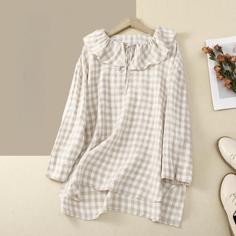 

Весенне-осенний топ для женщин, свободная литературная блузка с воротником лотоса на шнуровке и длинными рукавами, рубашка в клетку в клетку M абрикосовый