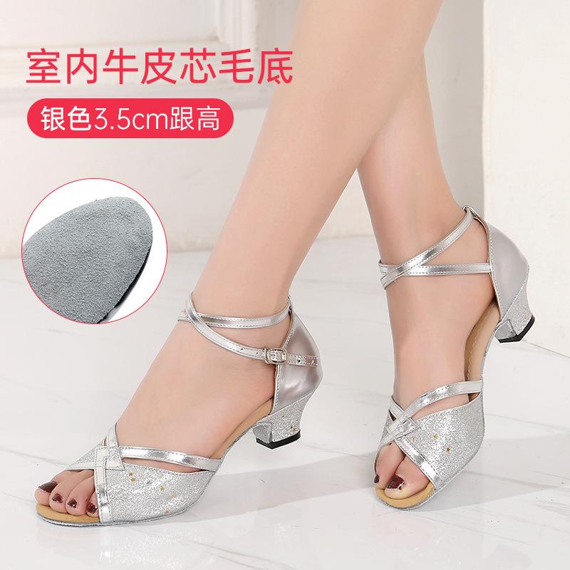 Girls Dance Shoes Sequined Latin Dance Shoes Open Toe Sandals High Heels Crystal Sparkling Standard Dance Shoes