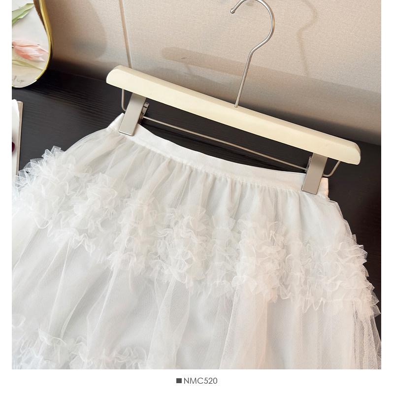 Sweet Style High Waist Ruffled Lace Gauze Maxi Skirt