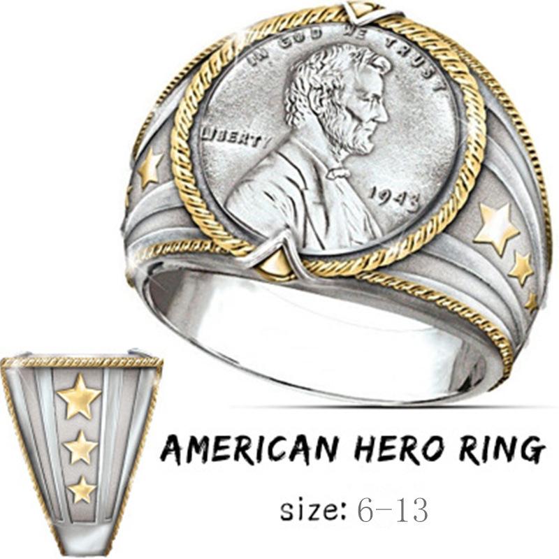 Retro Huvud Mynt Galvaniserad Tvåfärgad Ring Europeisk och Amerikansk Populär Herr Hand Smycke