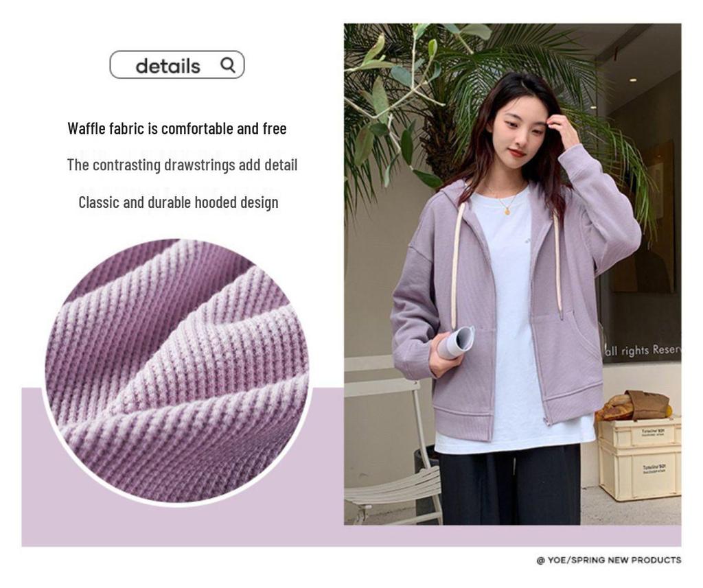 Women's Korean Style Waffle Knit Hooded Jacket (Spring/Autumn) - Slimming, Loose Fit, Plus Velvet, Zipper Cardigan Top