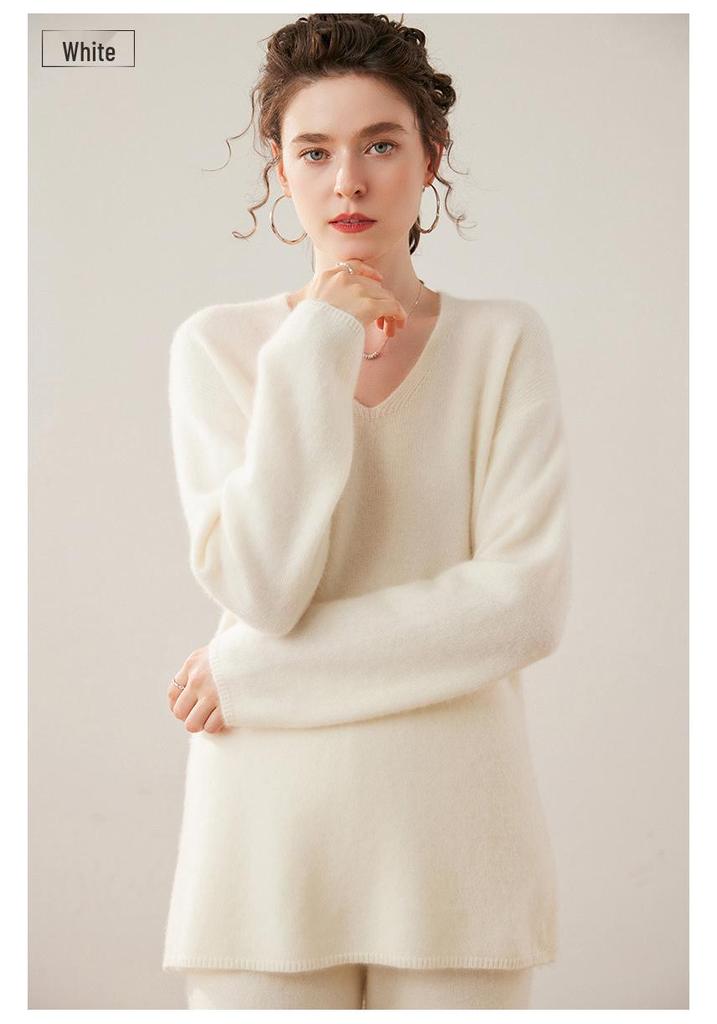 Women's Cashmere V-Neck Mid-Length Slit Sweater, Solid Color, Autumn/Winter Loose Fit